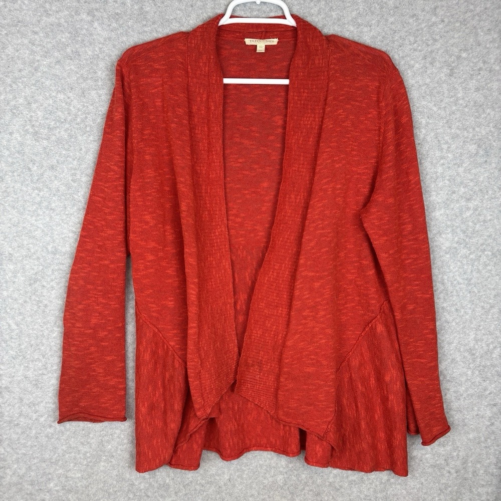 Eileen Fisher Womens Sz Petite PM Linen Blend Open Front Cardigan Sweater Orange